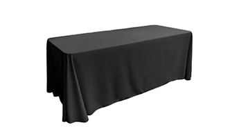 Plooibare tafel 180cm met zwart tafelkleed te huur.