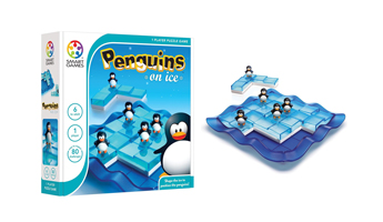 Pinguins on ice: vijf penguins bevinden zich op glad ijs